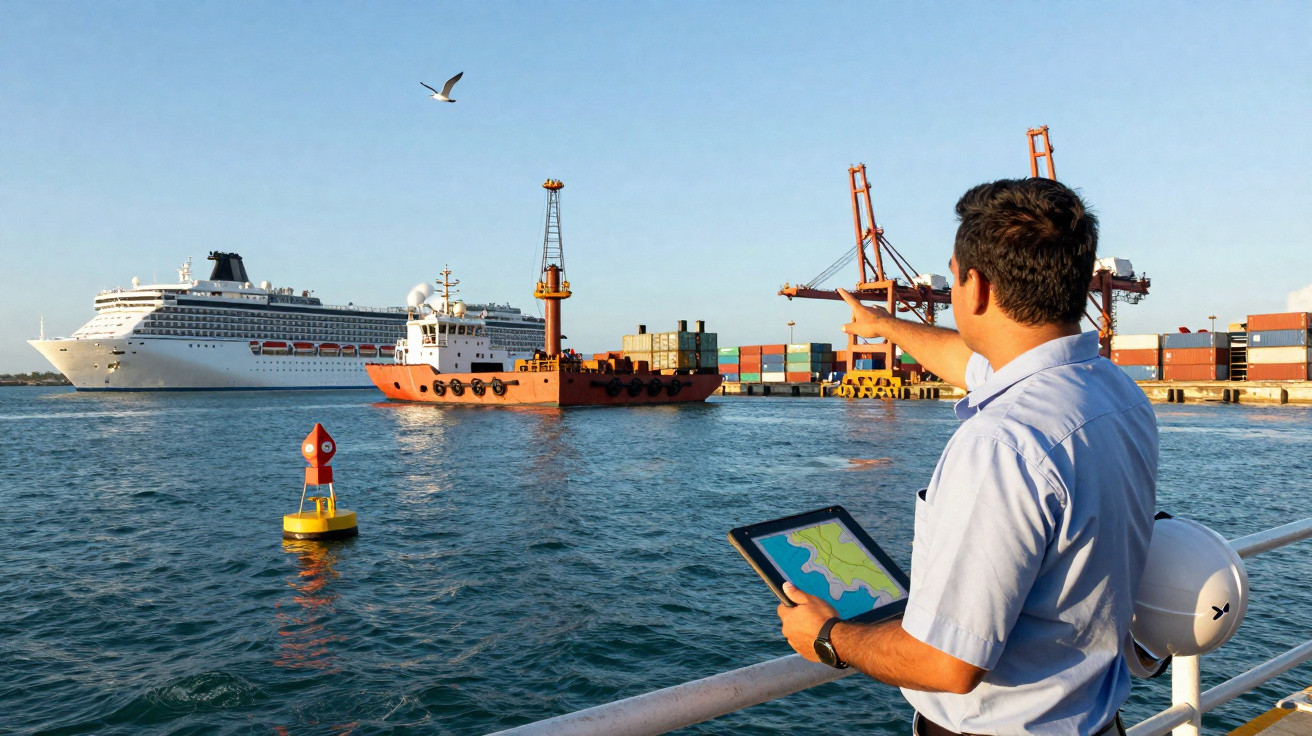 Man holding a tablet and pointing towards ships at a busy container port under clear blue skies.