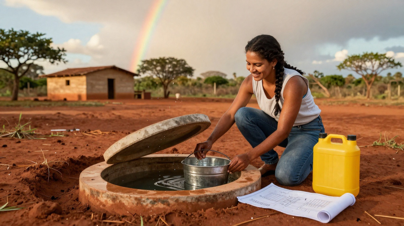 Woman collecting water from a rural well with a rainbow in the background and construction plans nearby
