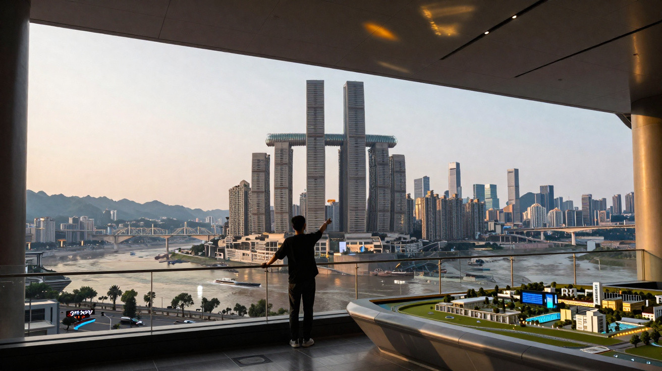 Person standing on balcony overlooking modern city skyline with tall buildings and river at sunset.