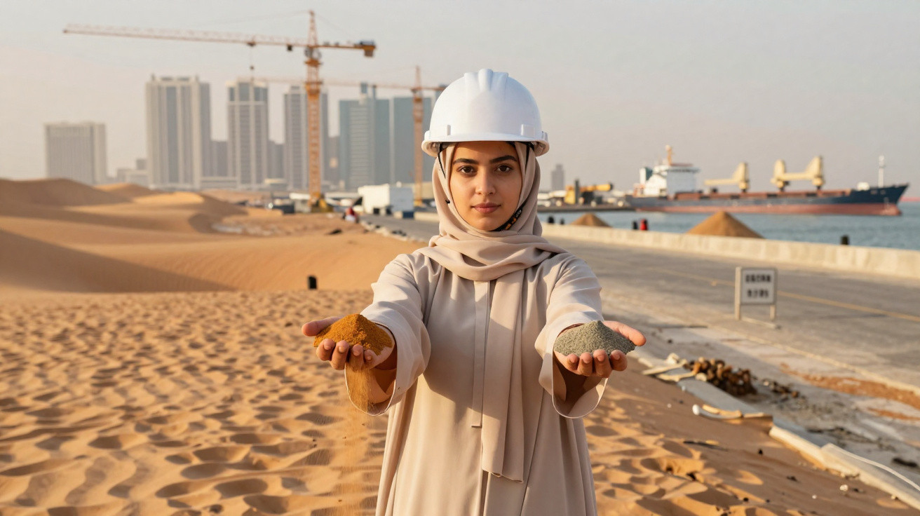 Woman in a hard hat holding different grains of sand at a desert construction site near a port with cranes and buildings.