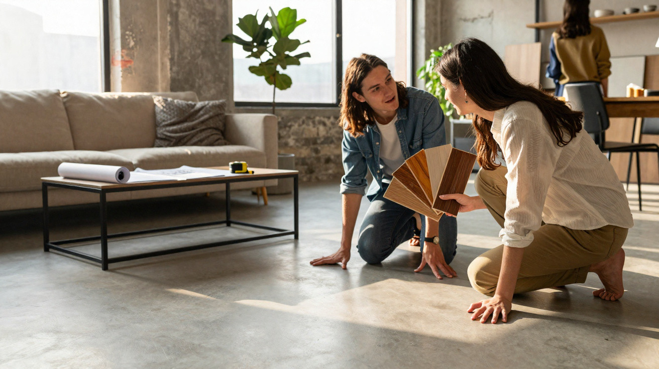 Two people kneeling on a concrete floor discussing wood flooring samples in a modern living room.