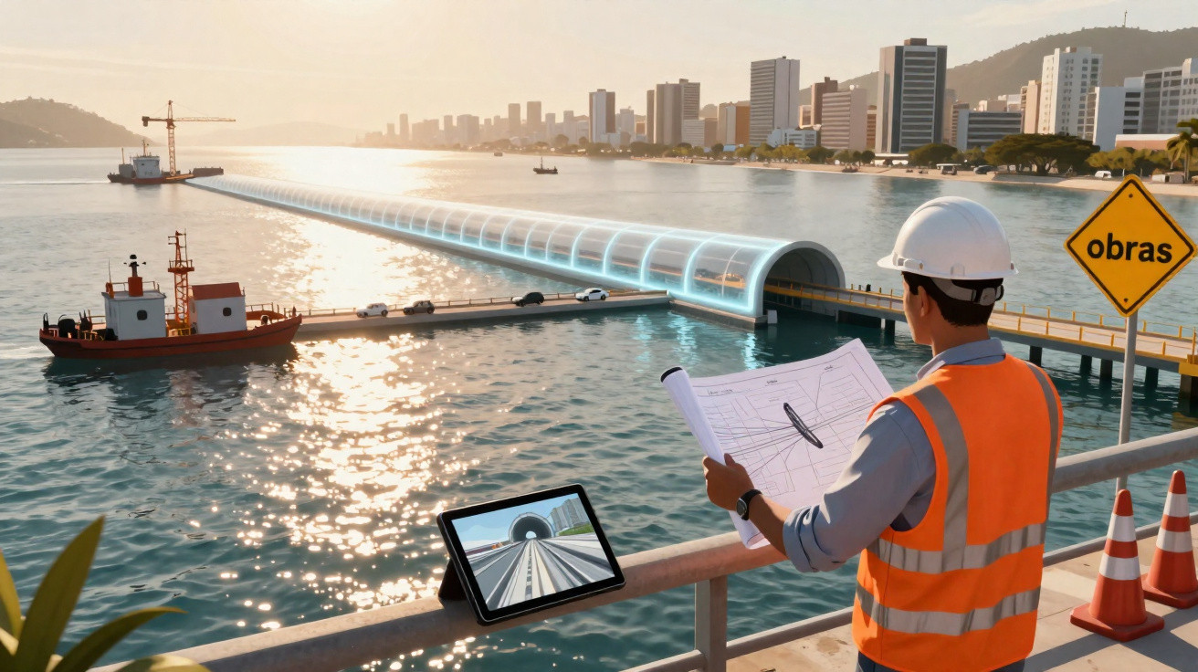 Engineer in safety gear reviews plans overlooking a futuristic underwater tunnel construction in a coastal city.