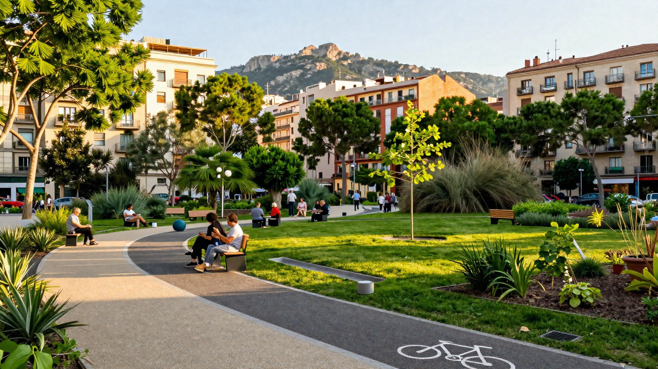 People relaxing in a sunny urban park with trees, plants, benches, a bike lane, and mountains in the background.