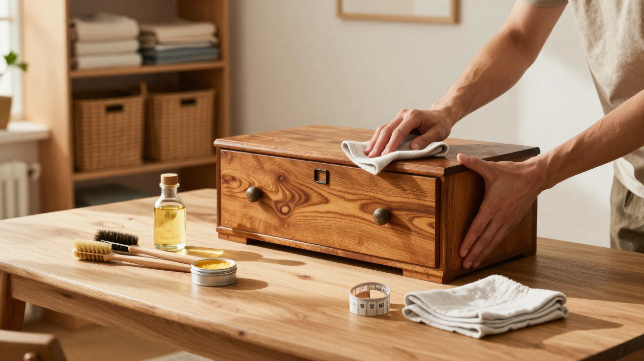 Person cleaning a wooden jewellery box on a wooden table with brushes, oil, wax, and cloth nearby.