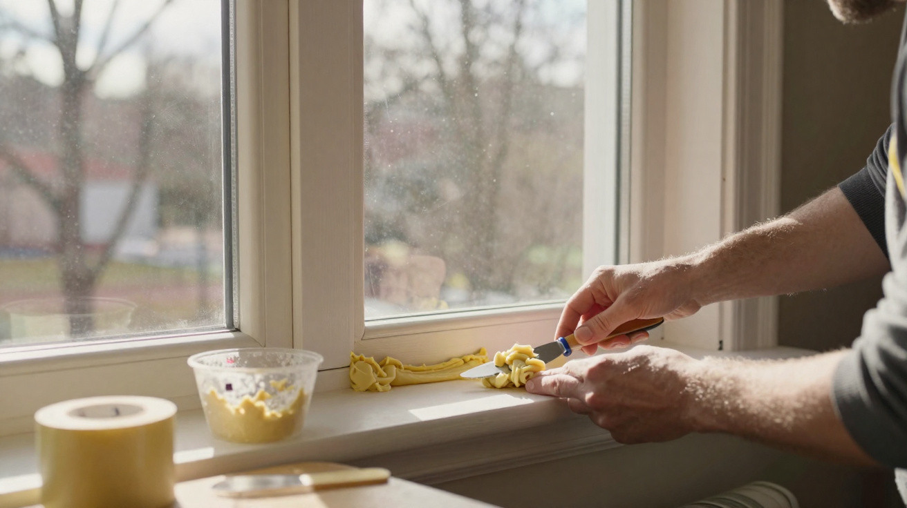 Person scraping old yellow paint off a wooden window sill with a putty knife in daylight