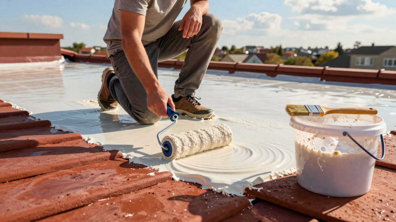 Person applying white roof sealant with a paint roller on red tiles under a clear sky