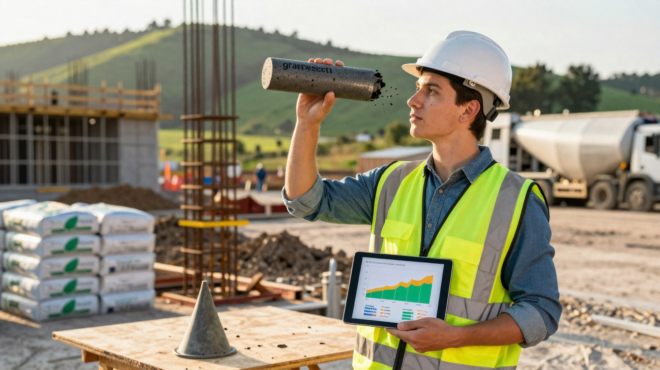 Construction worker in safety gear inspecting soil sample at site holding tablet with graph displayed