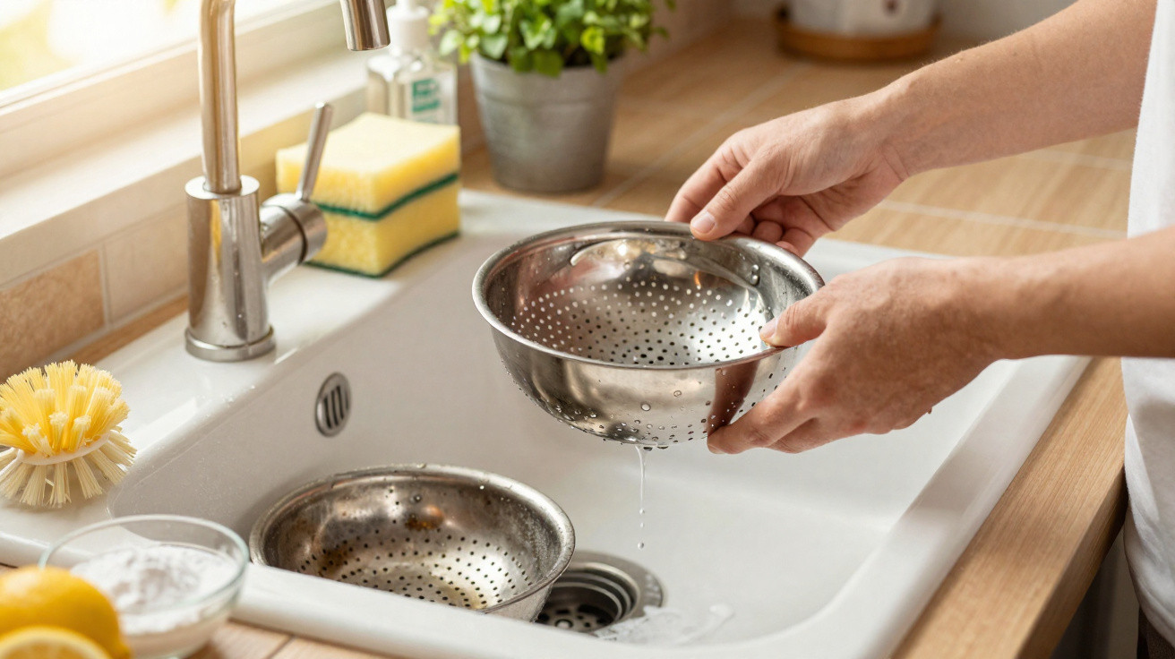 Person rinsing a metal colander over a kitchen sink with water dripping into another colander below.