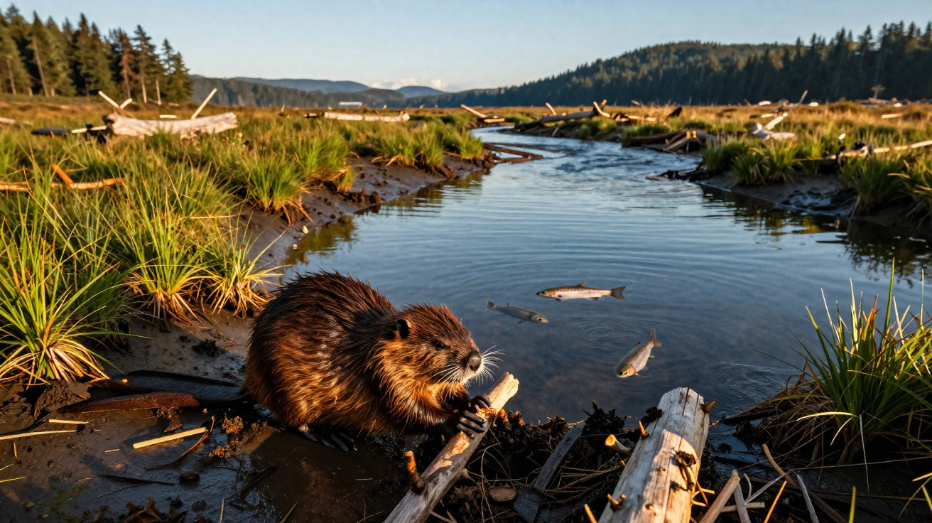 A beaver holding a stick on a riverbank with fish swimming in the water and forested hills in the background.