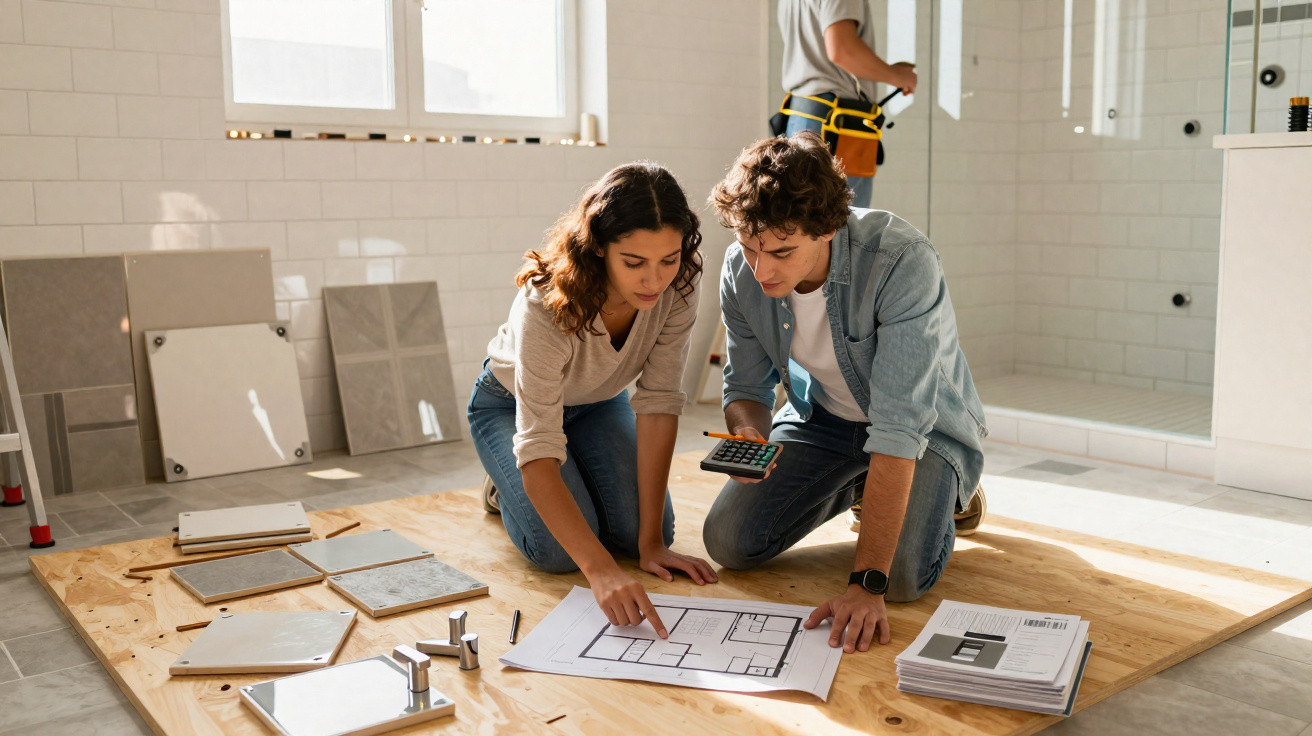 Couple kneeling on wooden board reviewing house plans with samples and tools during bathroom renovation.