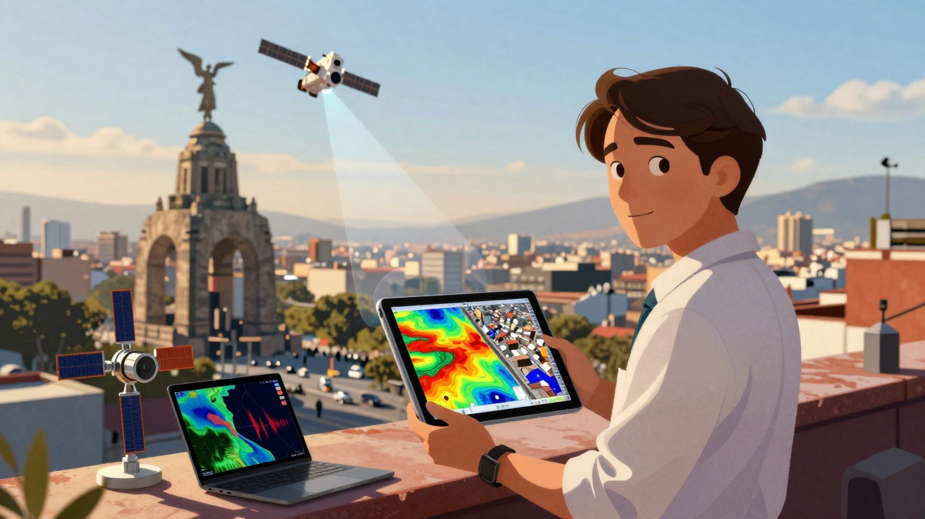 Young man on rooftop analysing colourful satellite data on tablet with cityscape and satellites in the background.