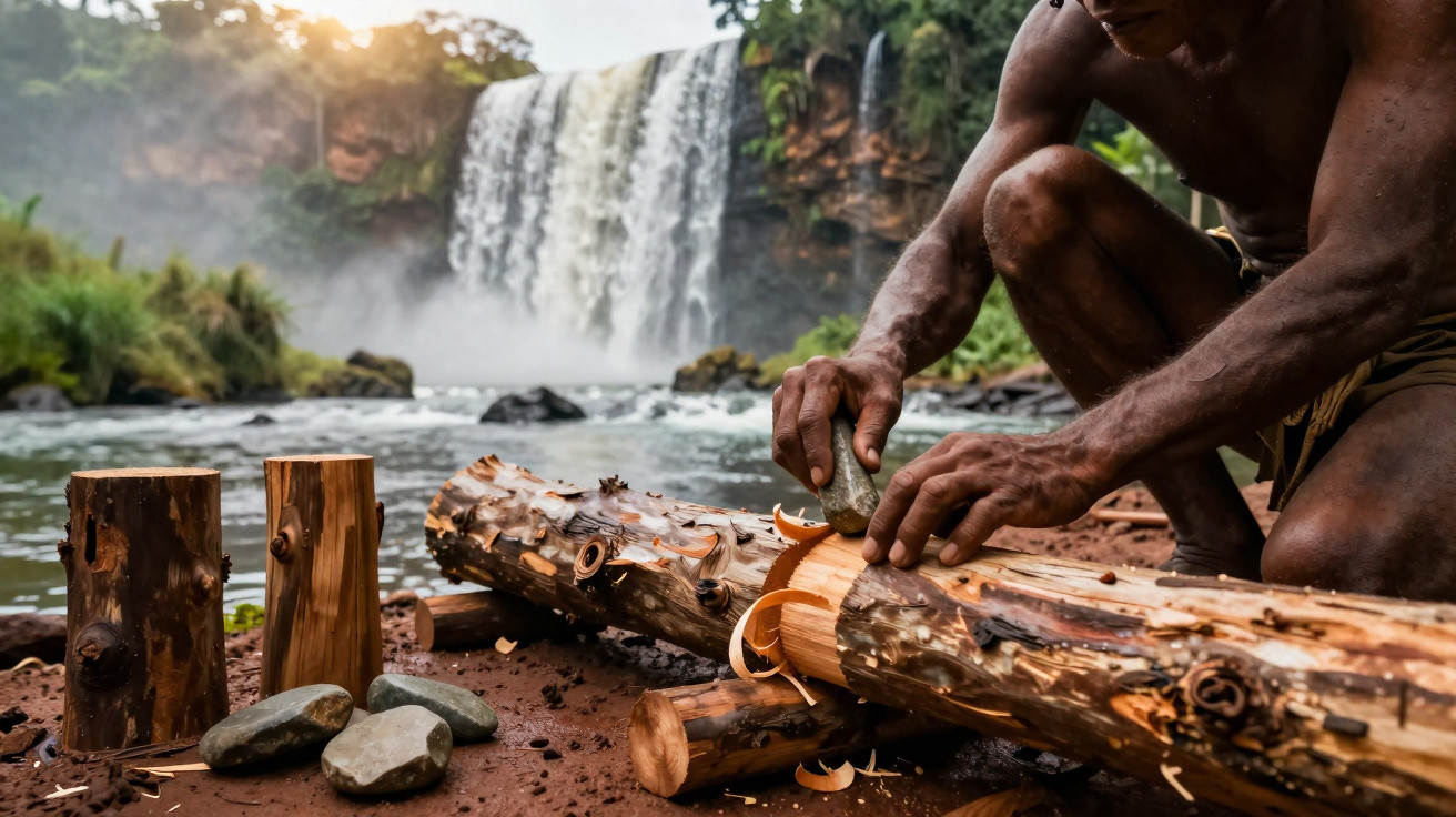 Man carving wood with stones by a riverbank, with a large waterfall and lush greenery in the background.