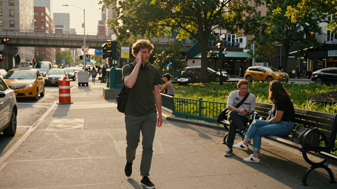 Young man walking on city sidewalk while talking on phone, with two people sitting on a bench nearby.