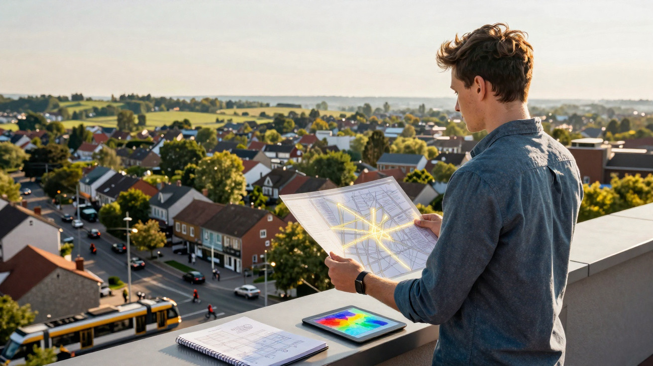 Man standing on rooftop overlooking town, holding transparent map with digital tablet and notebook on ledge.