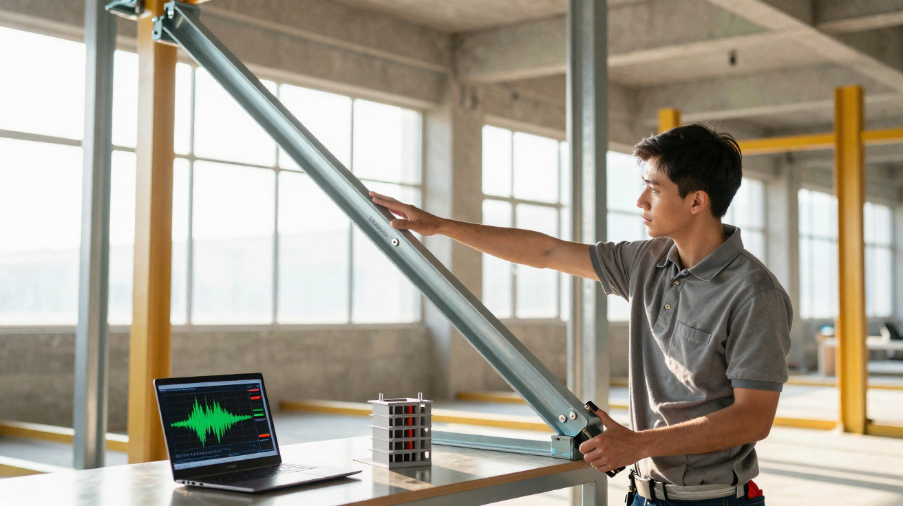 Man testing vibration on a metal structure with laptop showing vibration data in a bright industrial space.