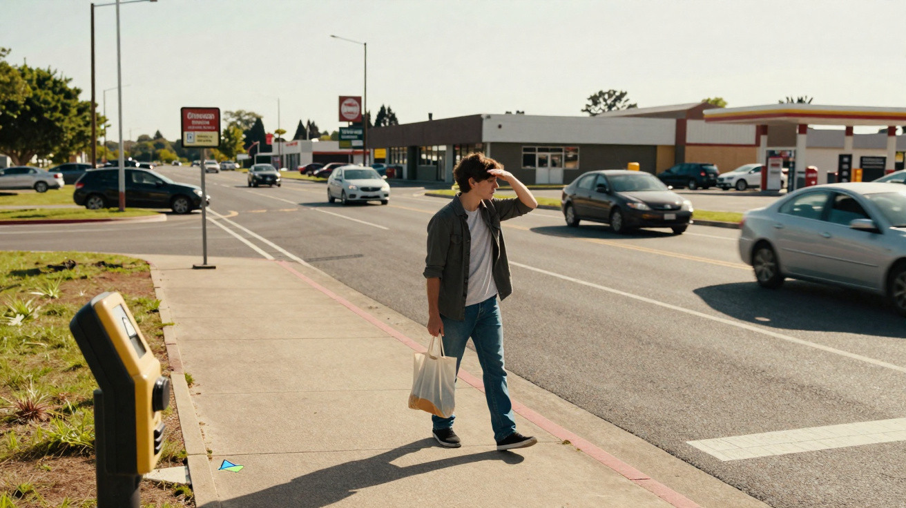 Young man shielding his eyes from the sun while crossing a busy street near a gas station carrying a shopping bag.