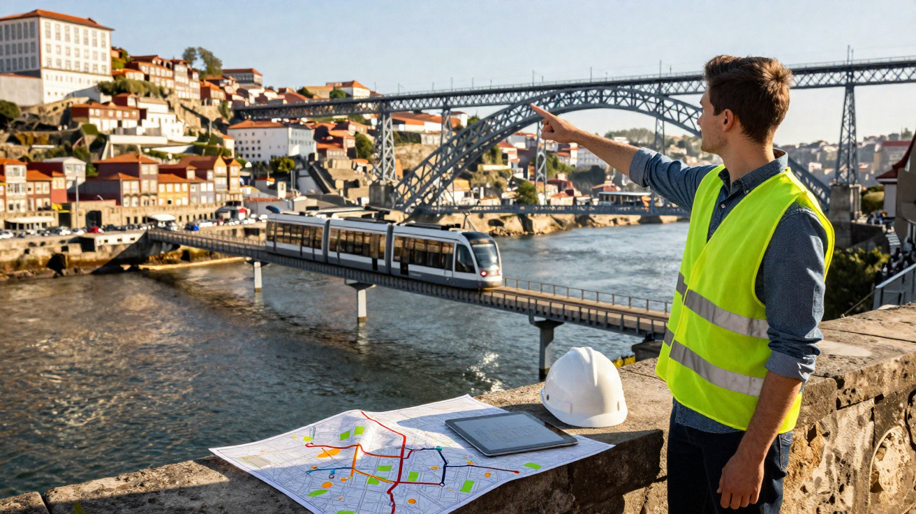 Engineer in yellow vest pointing at a river bridge with a tram, maps and a helmet on a stone ledge.