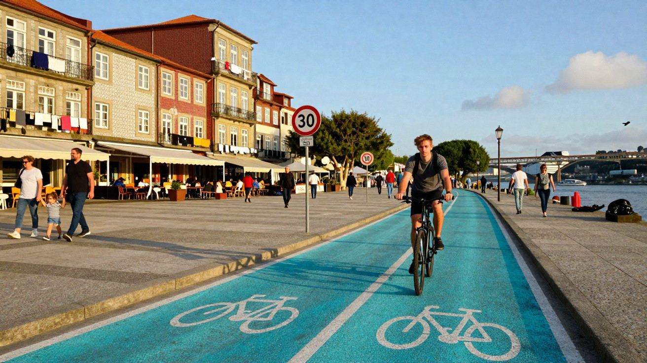 Young man cycling on a blue bike lane by a river with people walking and buildings alongside.