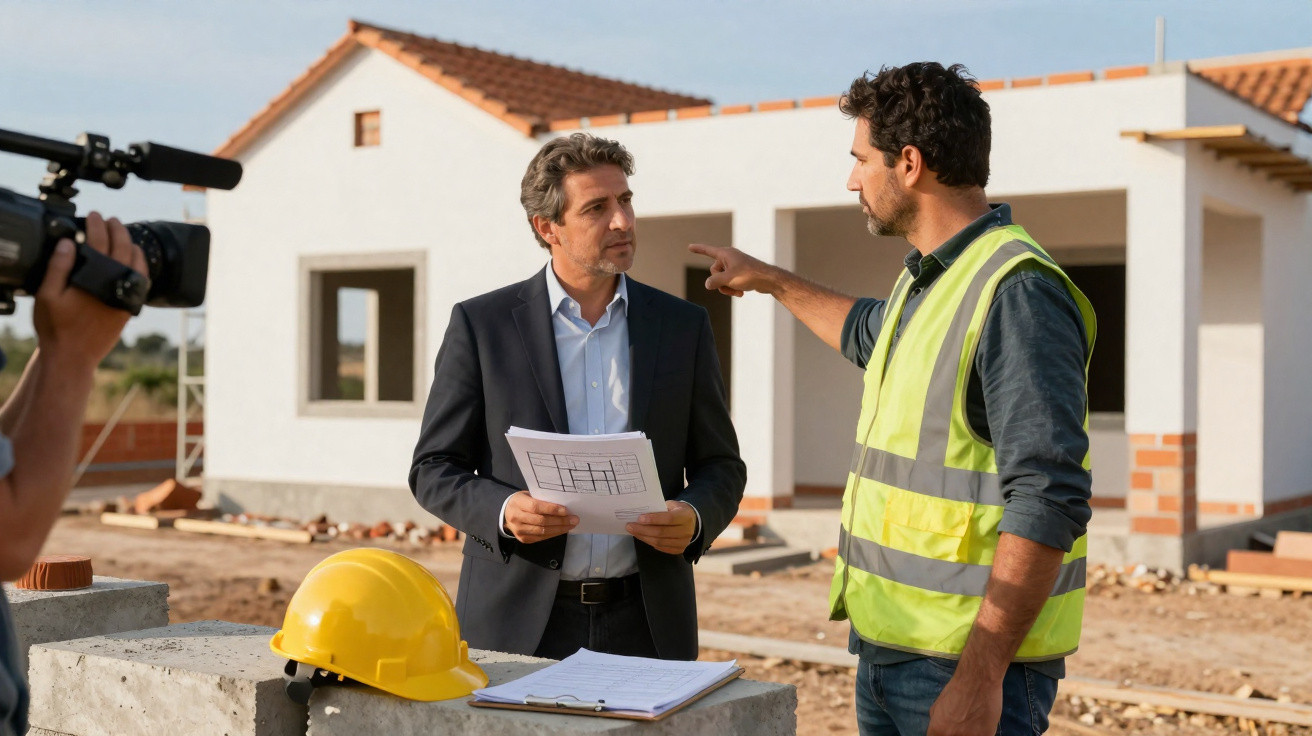 Construction worker in high-visibility vest discusses plans with suited architect at a house building site.