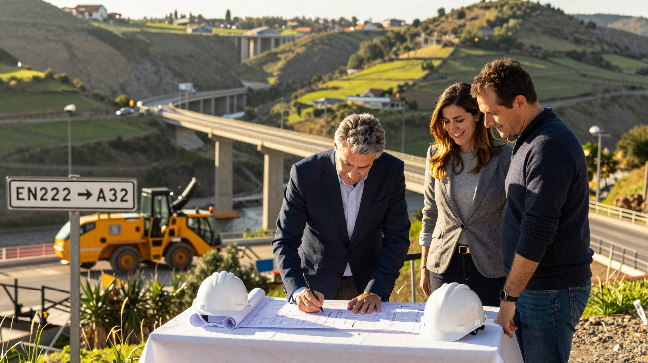 Three professionals reviewing blueprints on a table outdoors near a road and construction vehicle.