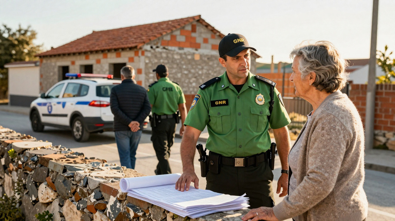 Portuguese GNR officers in green uniforms speaking with elderly woman outside rural house under construction.