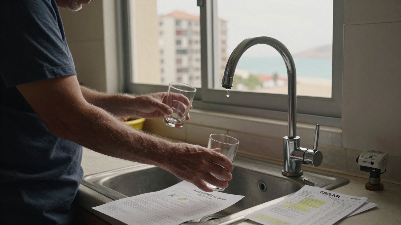Person holding two empty glasses under a dripping kitchen tap with documents on the sink surface.