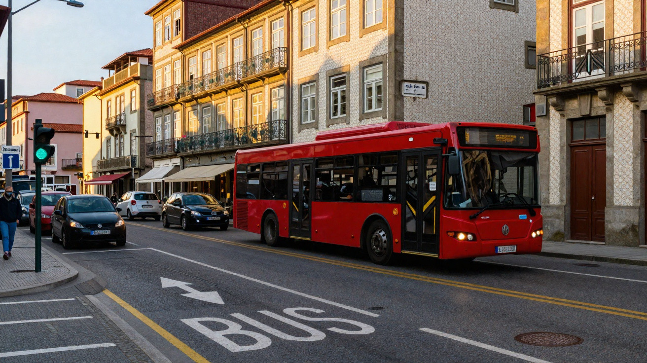 Red city bus driving on a street lined with cars and historic European buildings in evening light.