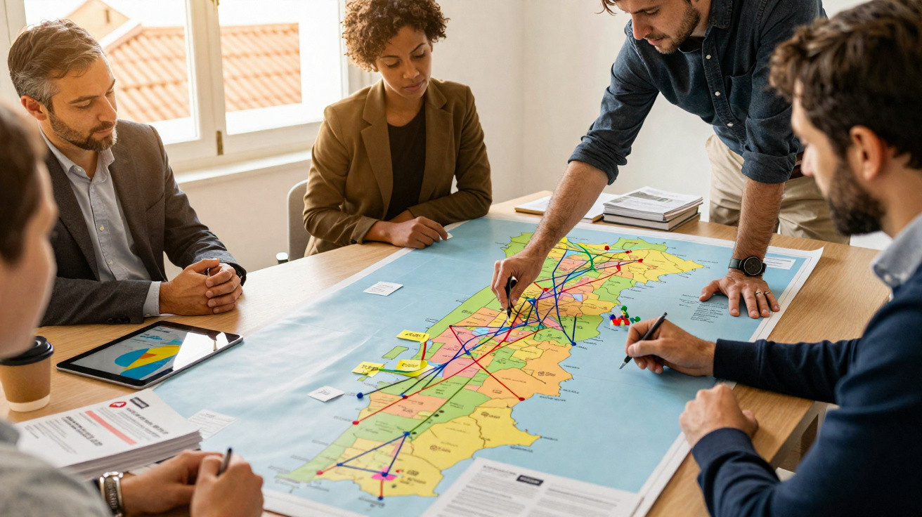 Team of five people planning routes on a large map spread on a table in a bright meeting room.