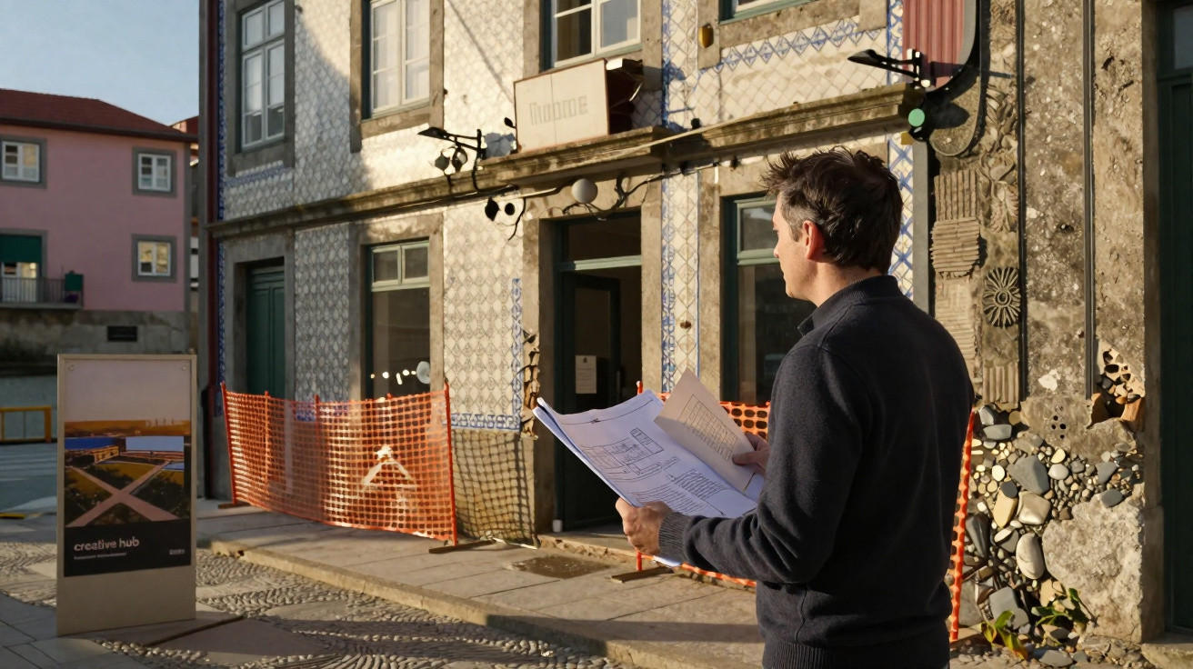 Man holding architectural plans outside a building under renovation with protective orange fencing.