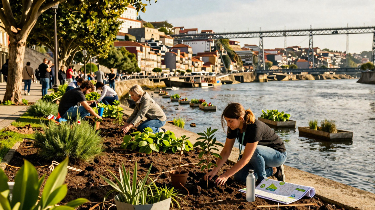 Volunteers planting greenery along a riverbank with a city and bridge in the background on a sunny day.