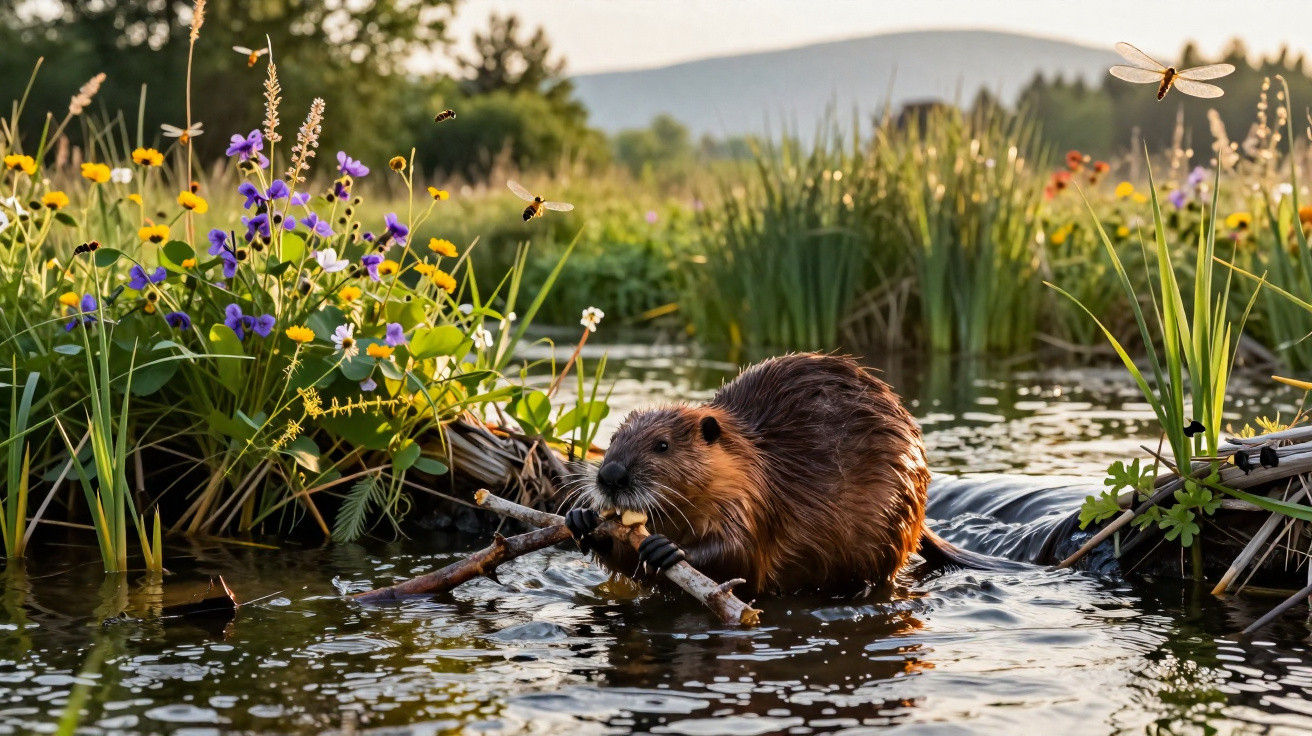 A beaver chewing a branch in a river surrounded by wildflowers and dragonflies at sunset.