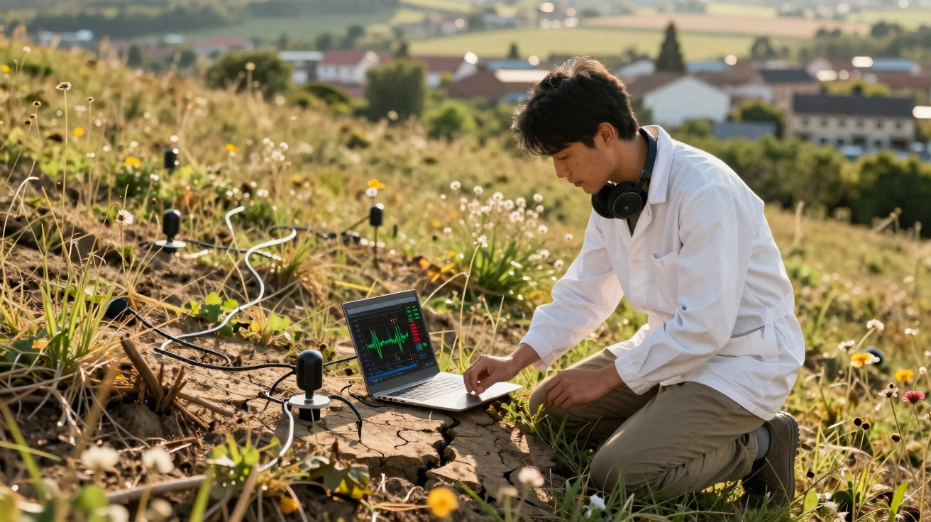 Scientist in white coat using laptop to monitor environmental sensors in cracked dry soil in a grassy field.