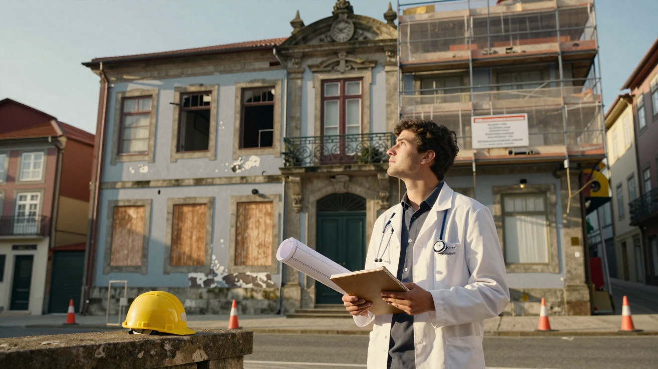 Man in white coat holding plans in front of a dilapidated building with boarded-up windows and scaffolding.