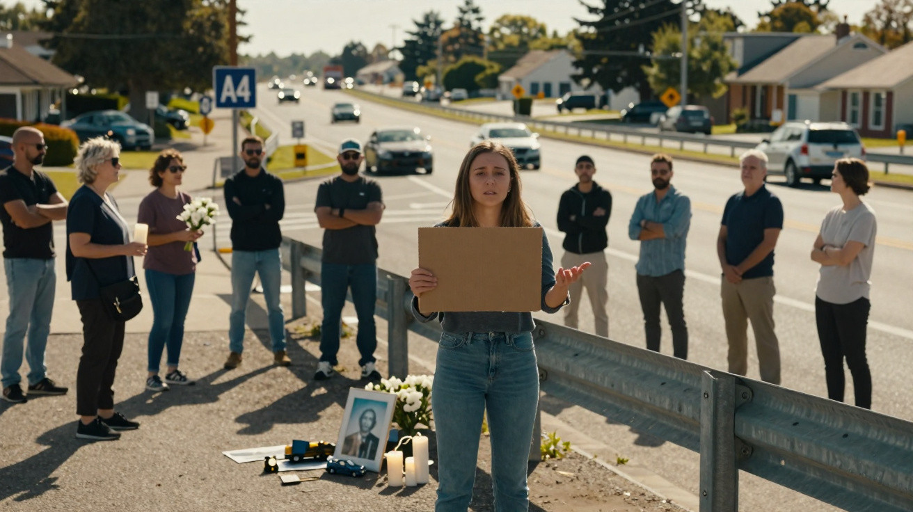 A woman holds a blank cardboard sign at a roadside memorial with candles and photos, surrounded by a gathered crowd.