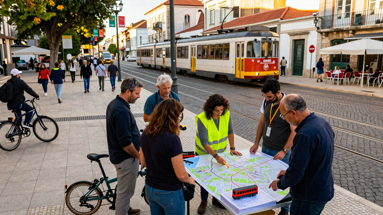 Group examining a large map on a city street with a tram passing by and people walking nearby.