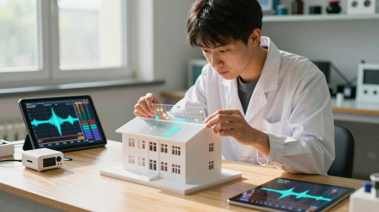 Scientist in lab coat analysing data on a transparent screen above a house model with tablets displaying graphs on desk.