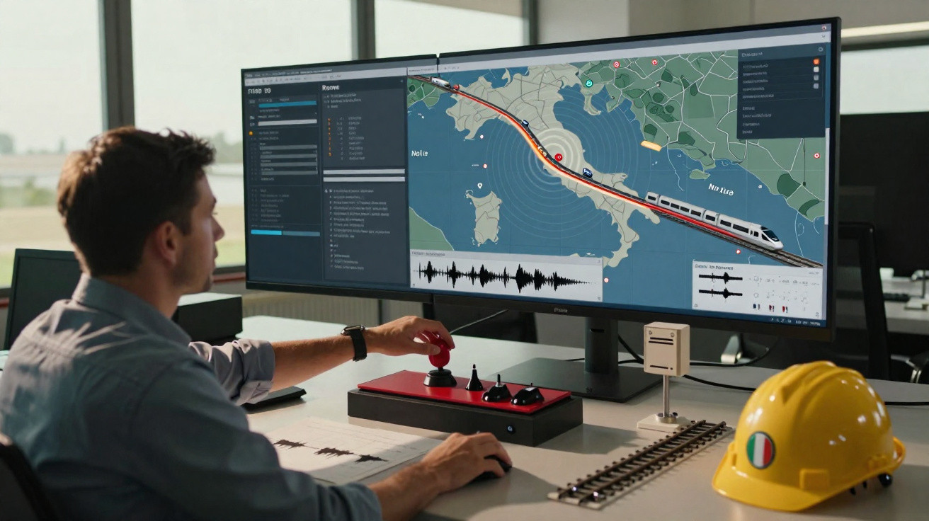 Man operating railway control system showing train route and data on a large monitor in an office setting.