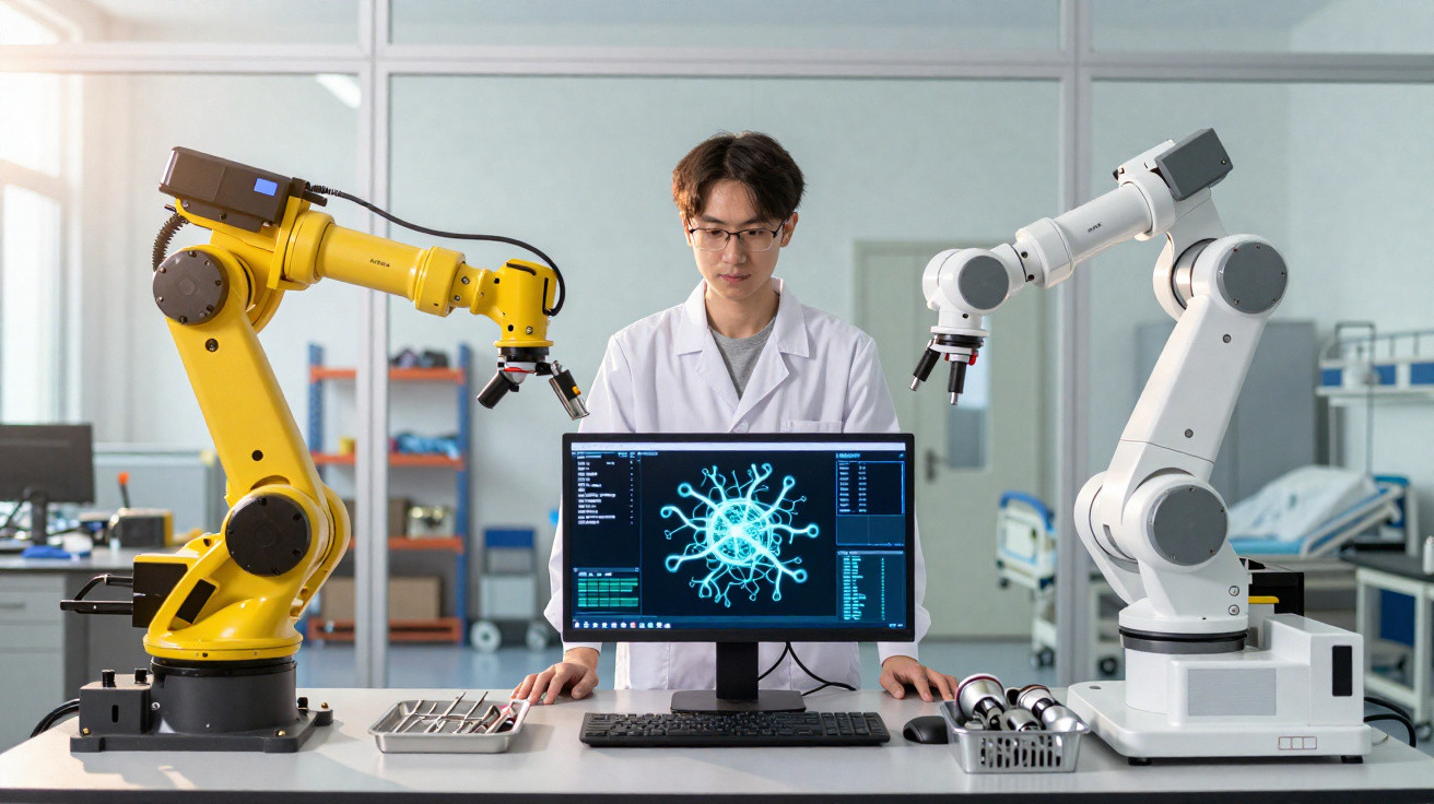 Scientist in lab coat working with yellow and white robotic arms and virus research on computer screen in lab.