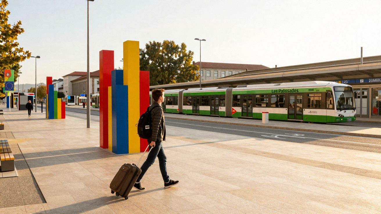 Person walking with a suitcase at a tram station with colourful pillars and a green and white tram.