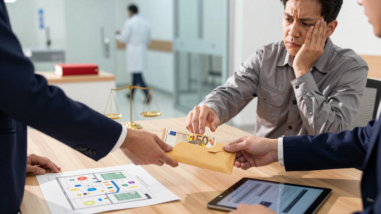 Man looks worried as he hands over a 50 euro note in an envelope to business people at a desk with documents and tablet.