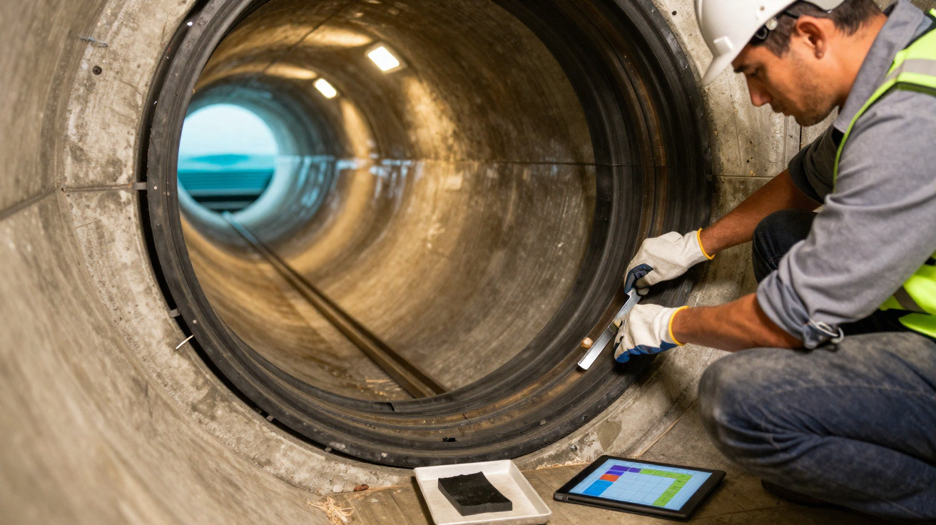 Engineer in a hard hat and gloves inspecting the inside of a large concrete pipeline with a tablet nearby.