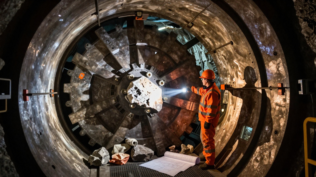 Worker in orange safety gear inspects large tunnel boring machine inside a rock tunnel, holding a torch beam.