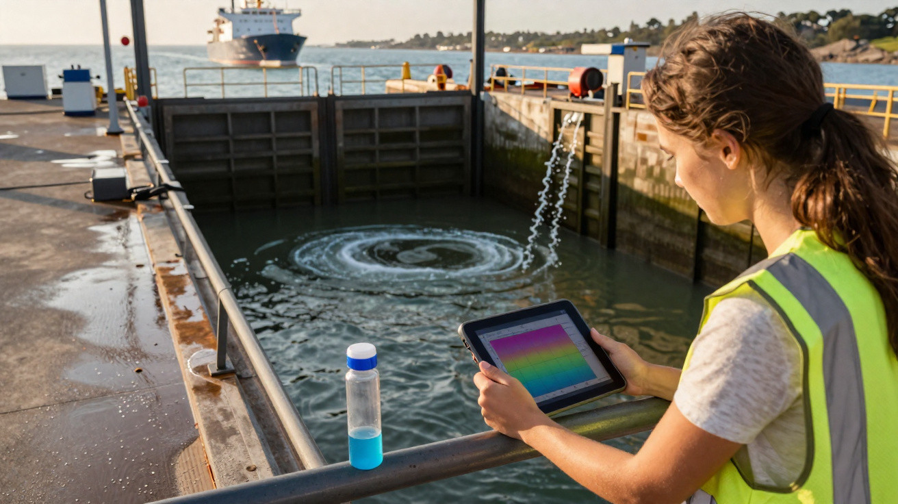 Woman in high-visibility vest analysing water data on tablet near a lock with water flowing and a ship in the background.
