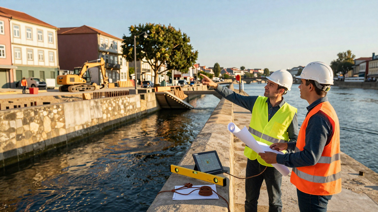 Two construction workers in helmets by a canal, inspecting plans and pointing towards a building site.