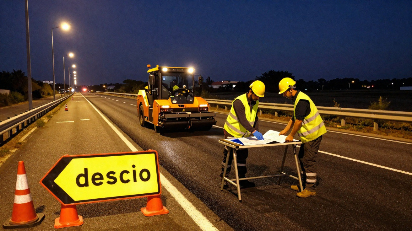 Road construction workers wearing helmets and reflective vests reviewing plans at night on a closed road.