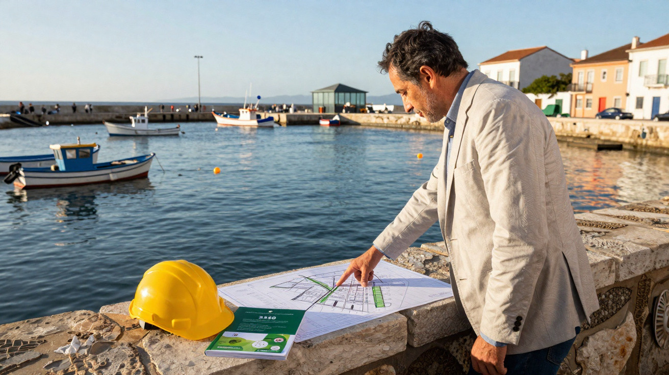 Man in beige jacket pointing at architectural plans on a stone harbour wall with boats in the water nearby.