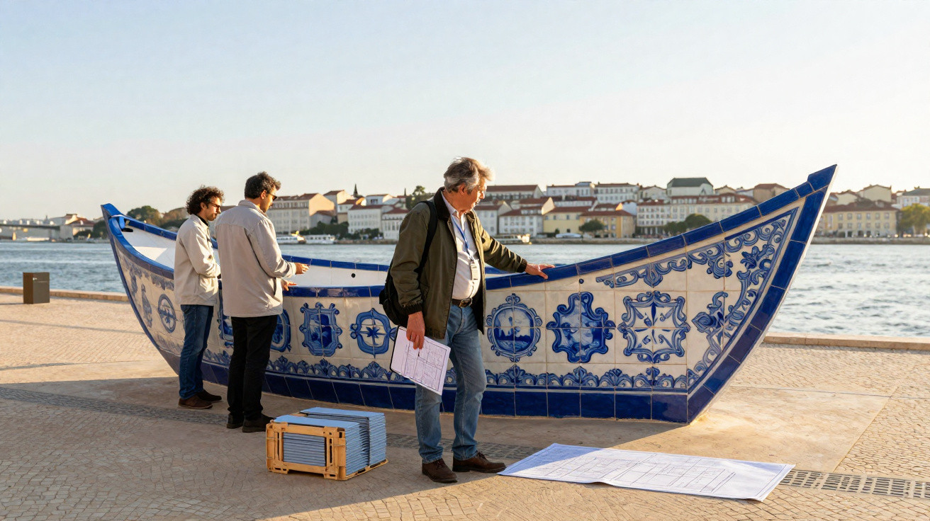 Three men examining a blue and white decorative boat sculpture by the waterfront on a sunny day.