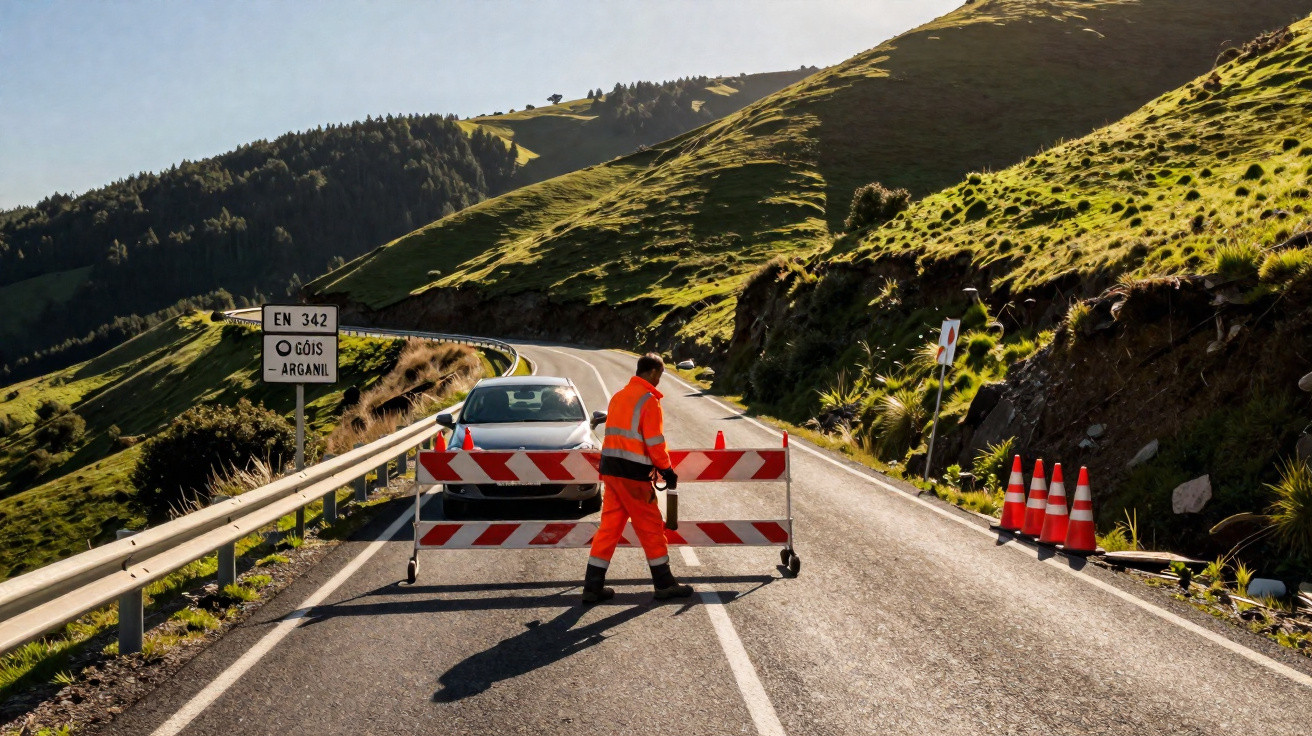 Road worker in orange safety gear placing a barricade on a mountain road with a car stopped behind it.