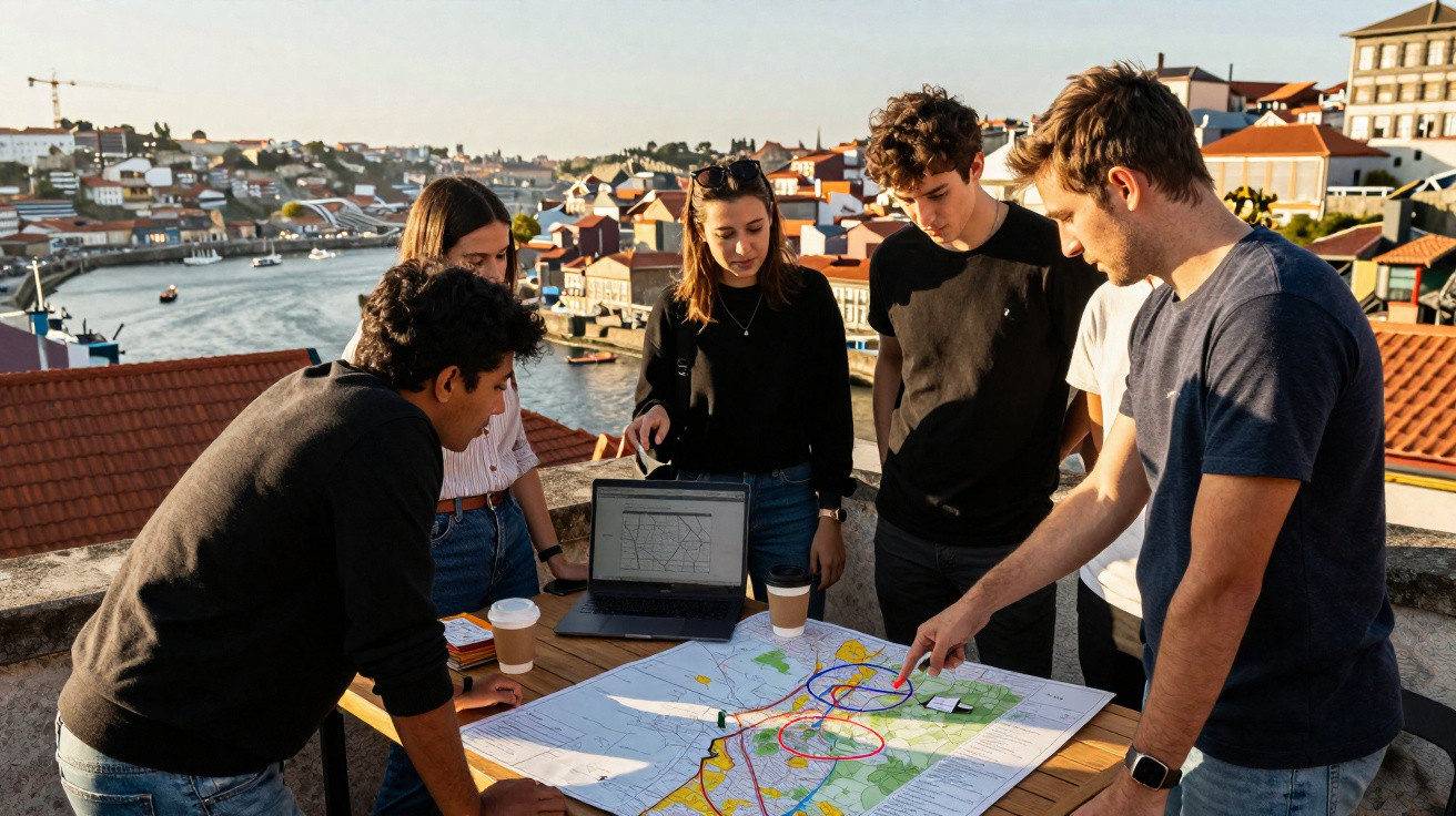 Group of young people studying a map and laptop outdoors on a rooftop overlooking a river and cityscape.