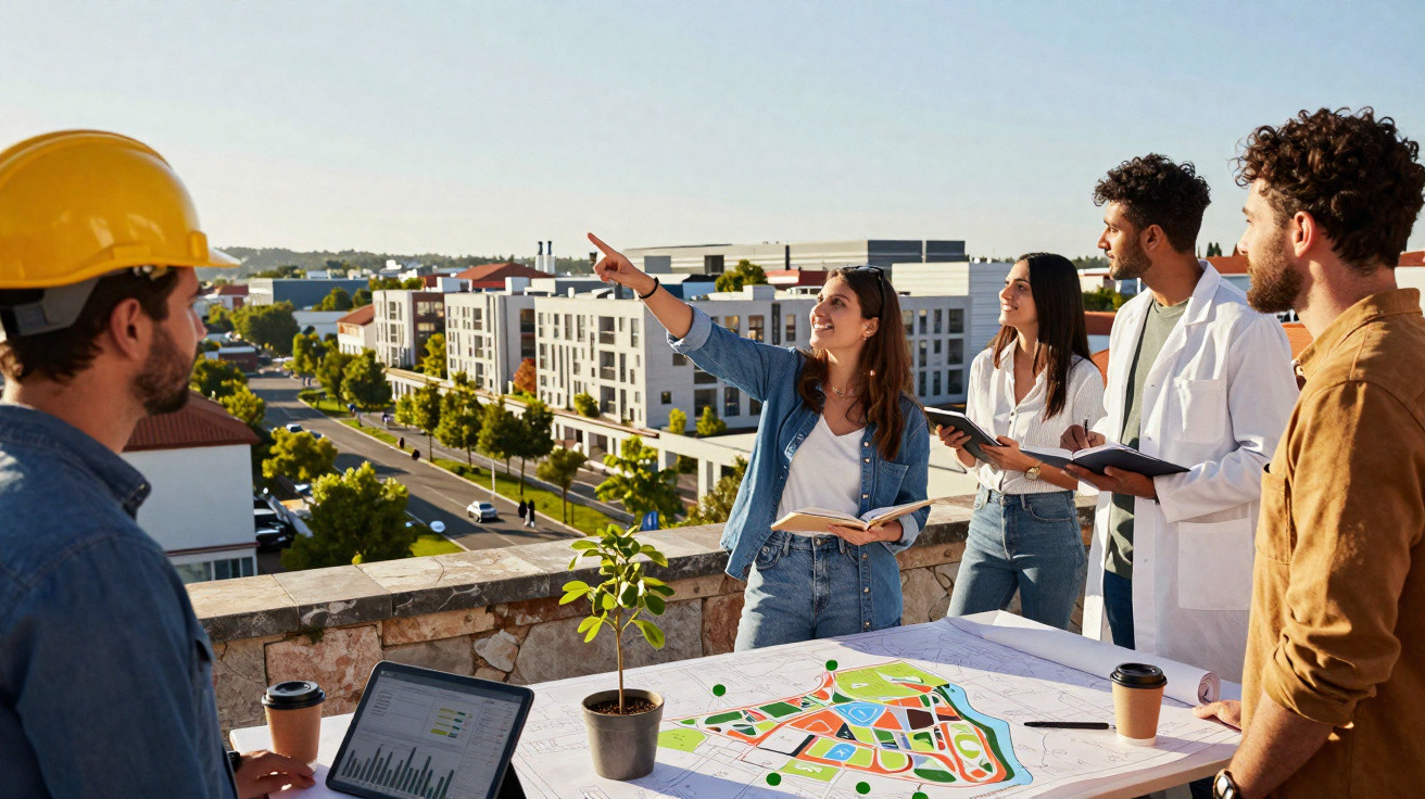 Group of architects and engineers discussing a building project on a rooftop with cityscape background.